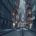 Gothic street scene with dim lighting and tram tracks