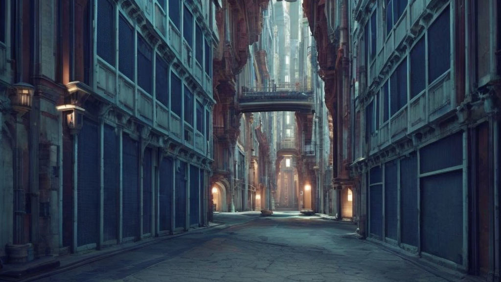 Aged buildings and arches in narrow alley at dusk