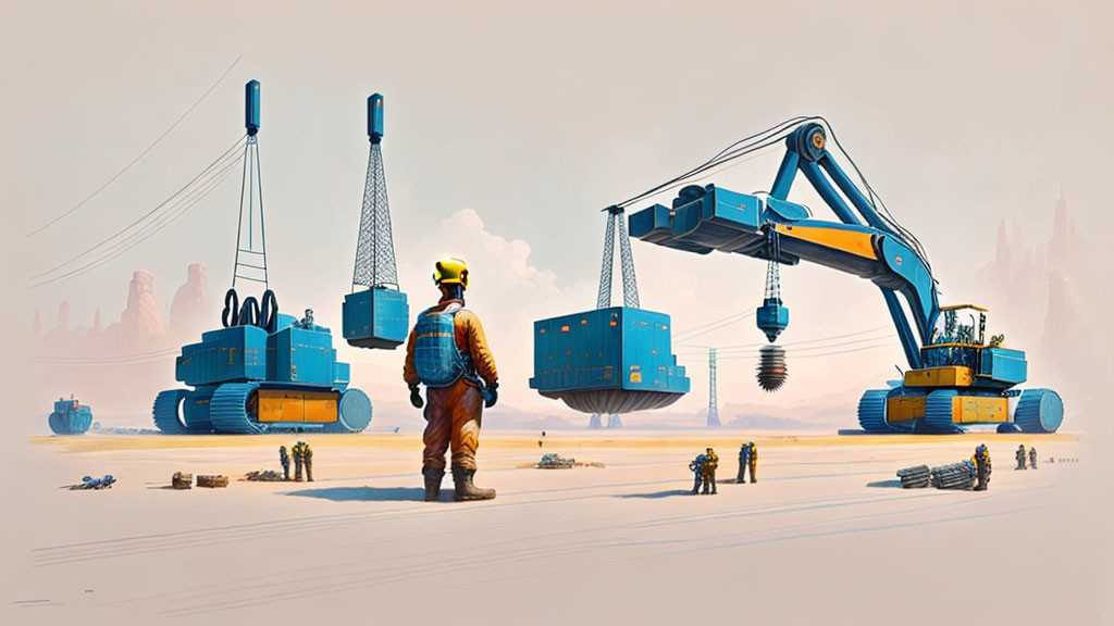 Futuristic construction scene with oversized machinery and workers in safety gear