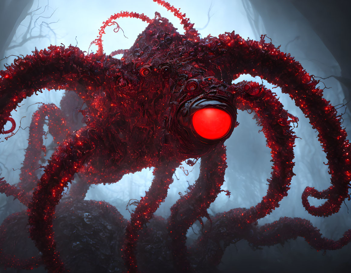 Menacing red-eyed creature with twisted tentacles in eerie forest.