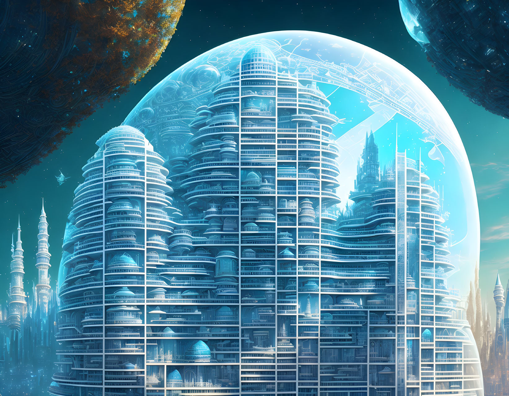 Advanced skyscrapers under protective dome in futuristic cityscape.