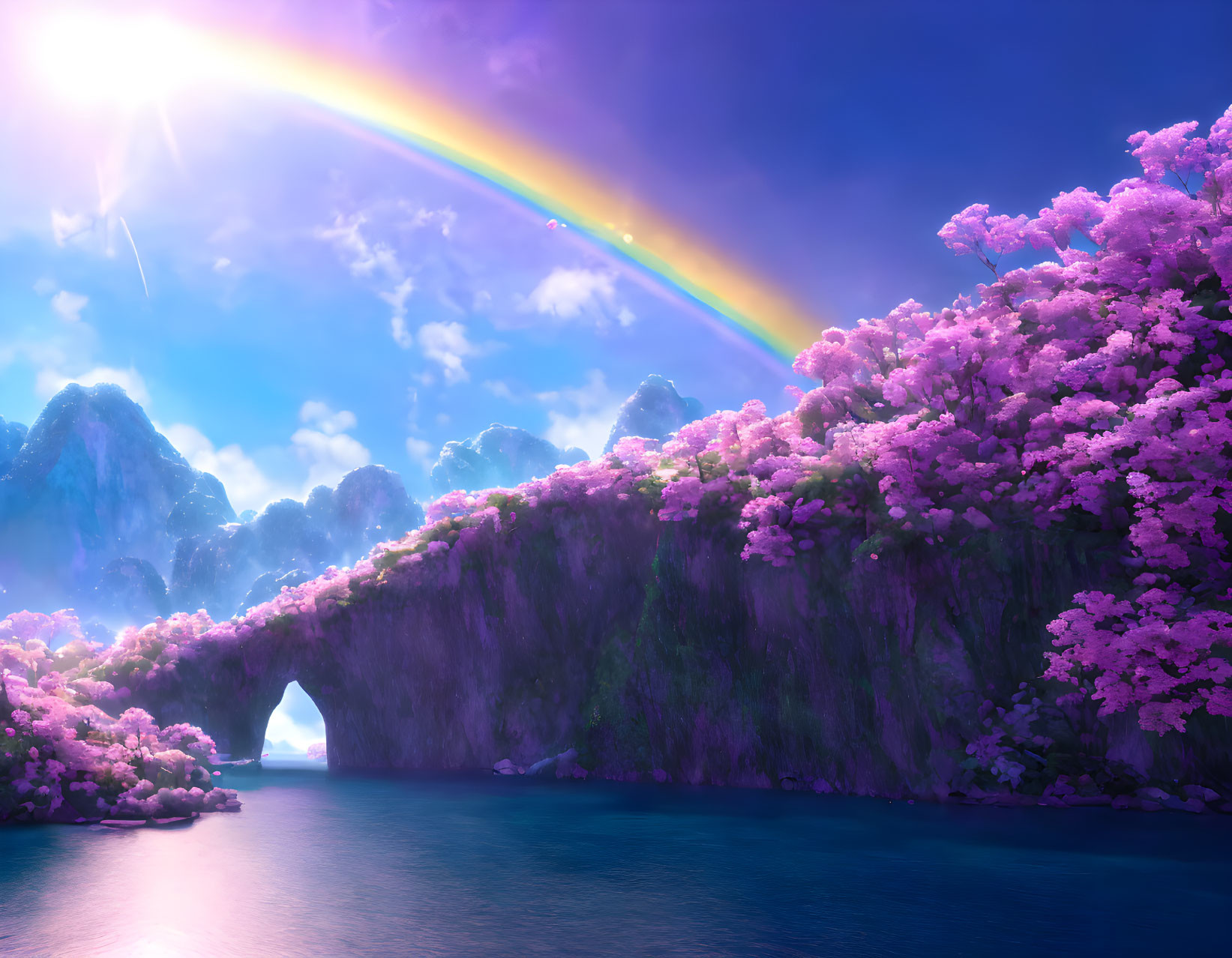 Scenic landscape with cherry blossoms, river, mountains, rainbow, and sunburst