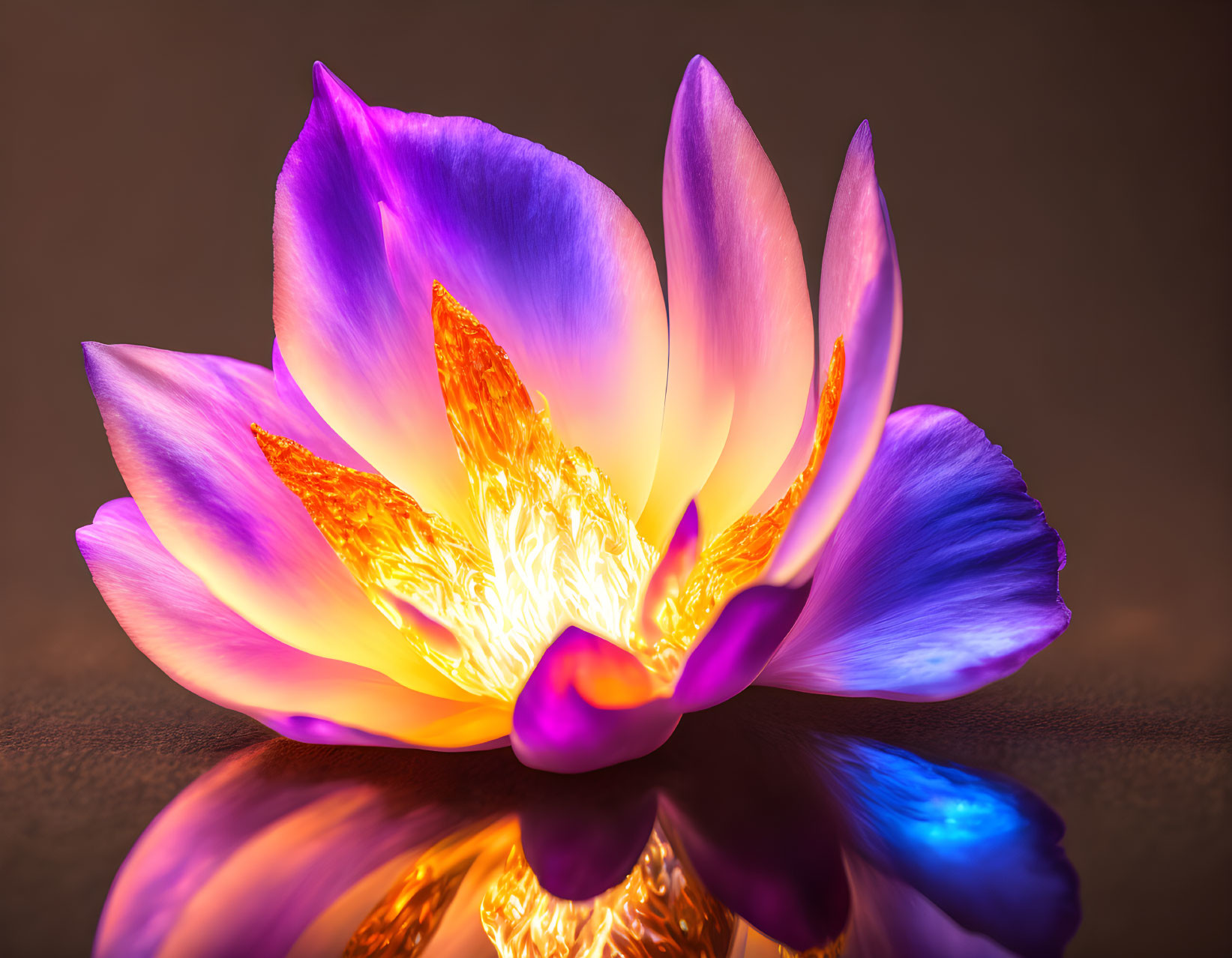 Vibrant Lotus Flower with Glowing Center and Reflective Surface