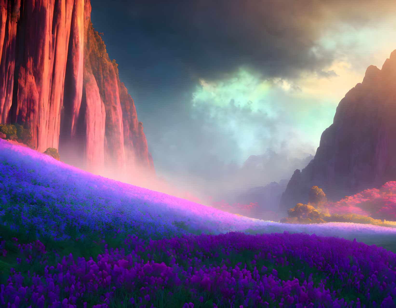 Majestic waterfall, purple flowers, mist, and dramatic sky landscape