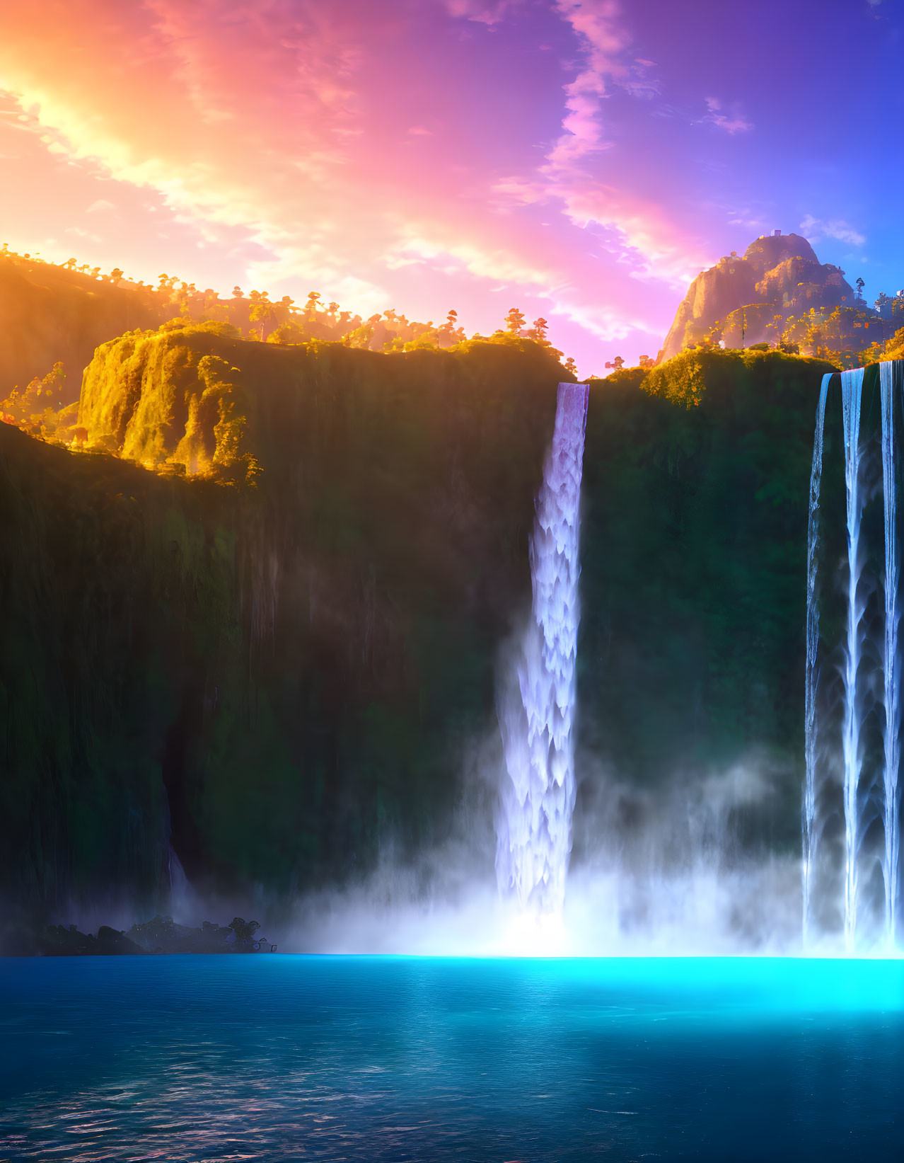 Scenic sunrise waterfall over serene lake with mist and lush cliffs