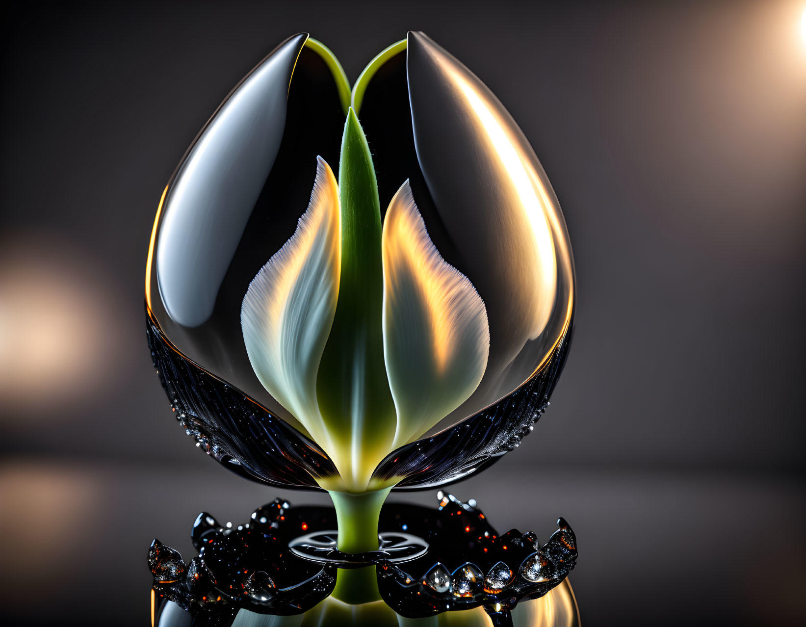 Symmetrical Abstract Glass Tulip Sculpture with Gleaming Surfaces