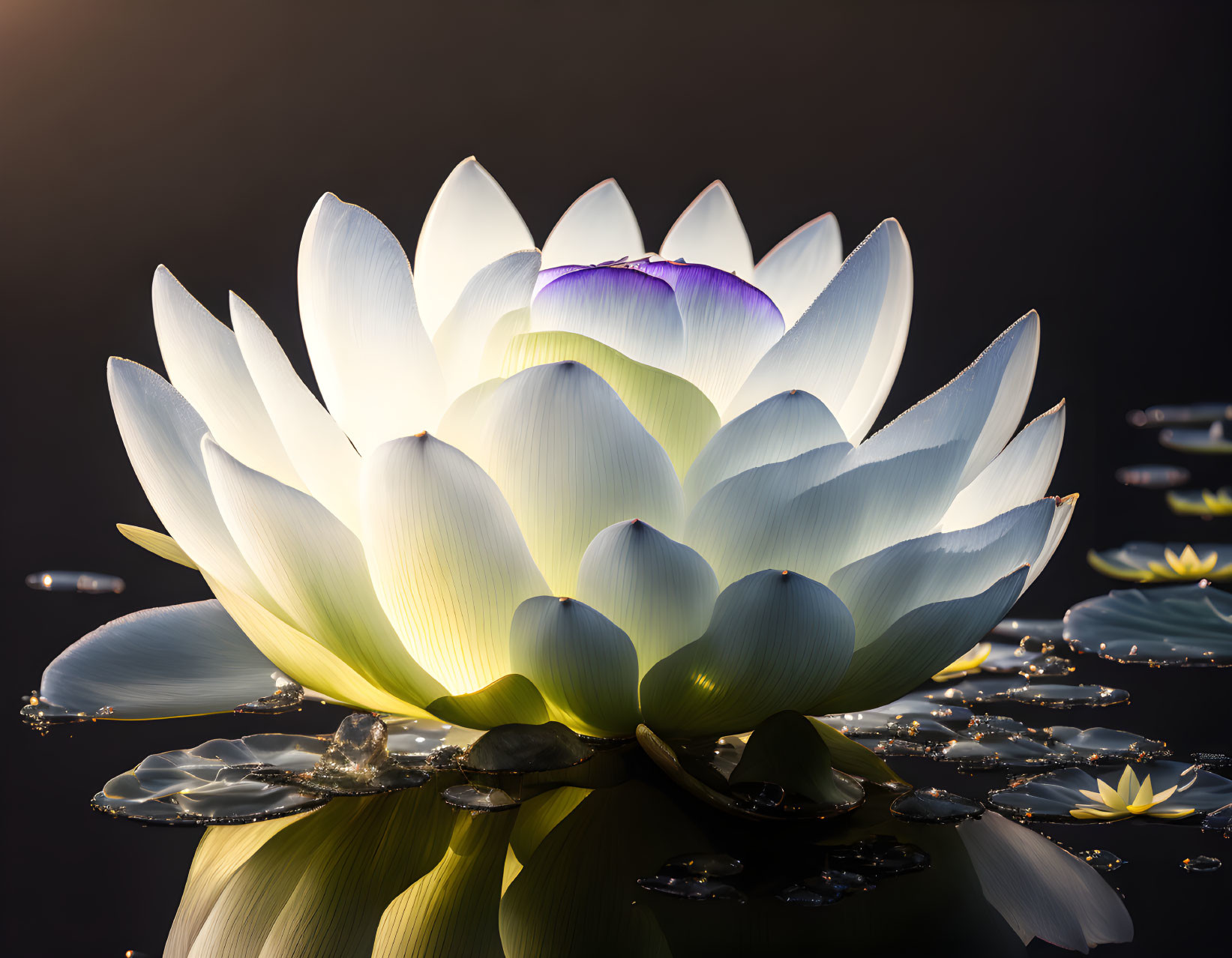 White Lotus Flower Blooming Above Dark Water