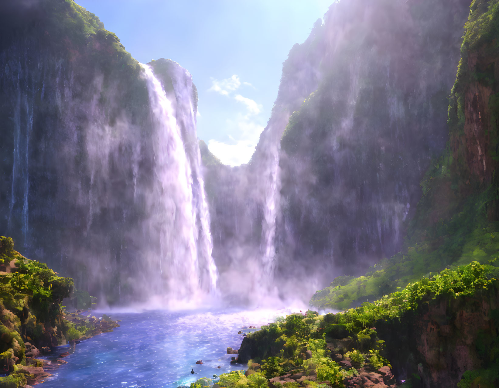 Twin Waterfalls Cascading into Serene River Amidst Lush Greenery