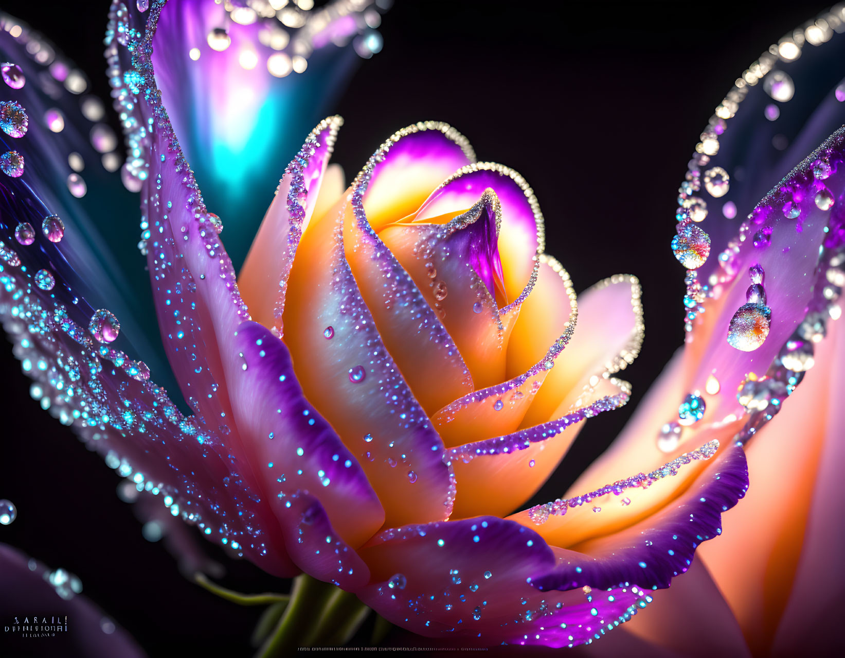 Vibrant rose with water droplets under soft colored lights