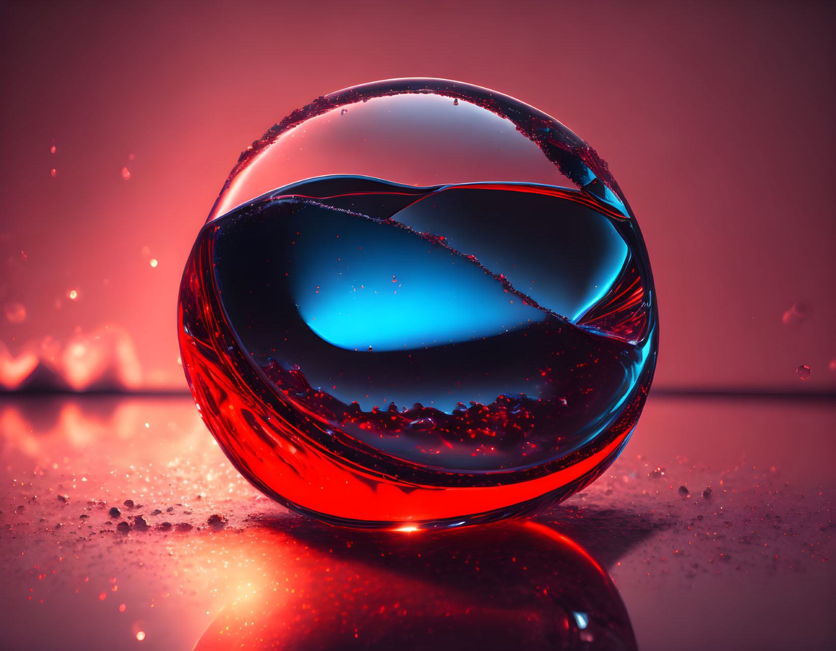 Spherical reflective object with red to blue gradient, water droplets, and moody backdrop