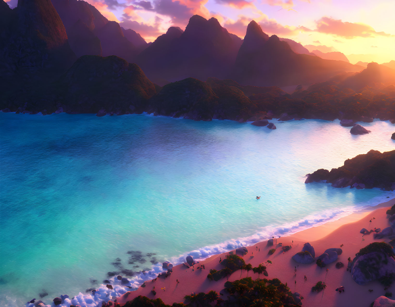 Vibrant sunset over turquoise waters with sandy beach and swimmer