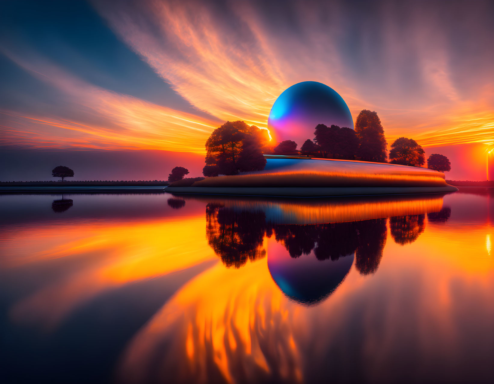 Vivid orange and blue sunset reflected in water with silhouetted trees and spherical structure