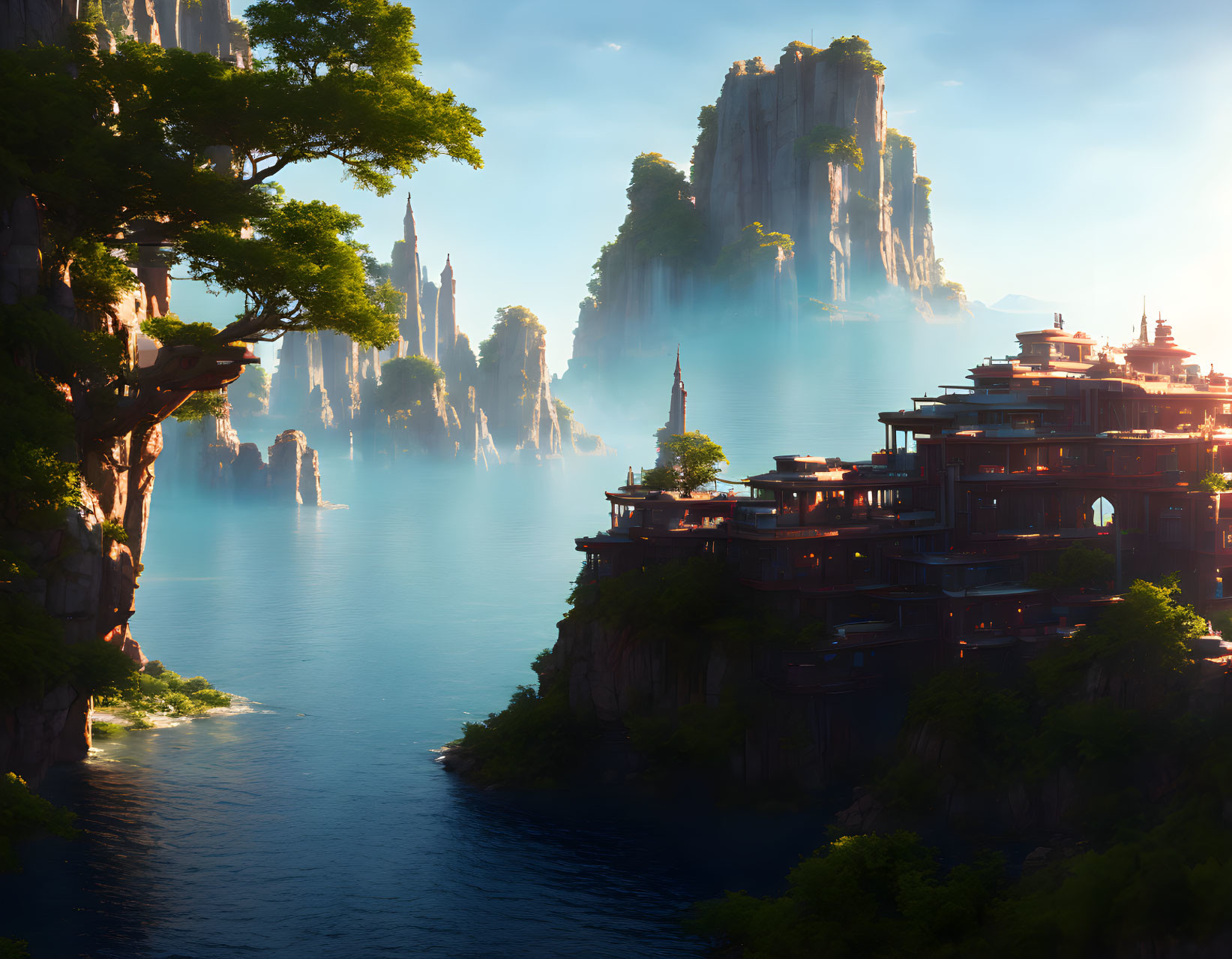 Cliff-top temples surrounded by lush trees and clear blue sky reflected in water