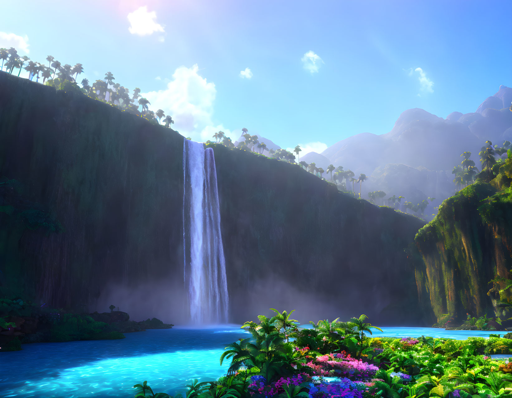 Serene blue lake with lush waterfall and colorful flora