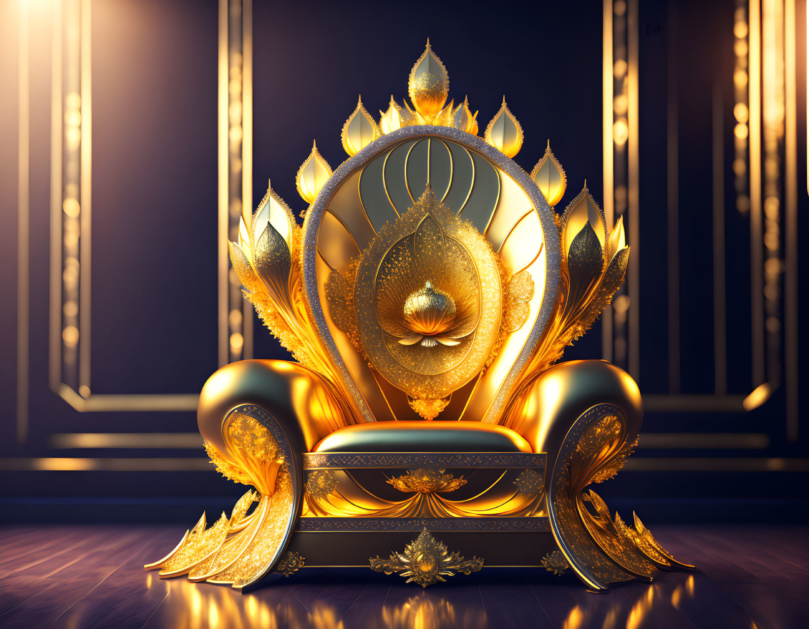 Luxurious Golden Throne with Floral and Peacock Feather Designs