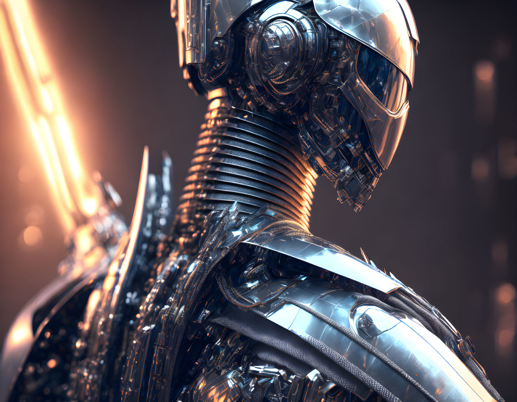 Detailed futuristic robot with intricate mechanical parts and sleek helmet on warm glowing backdrop