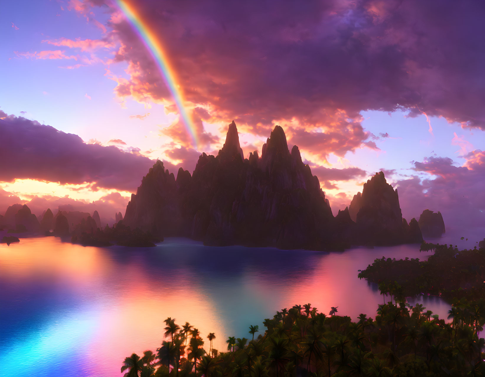 Colorful sunset over tranquil bay with mountains and rainbow in purple sky