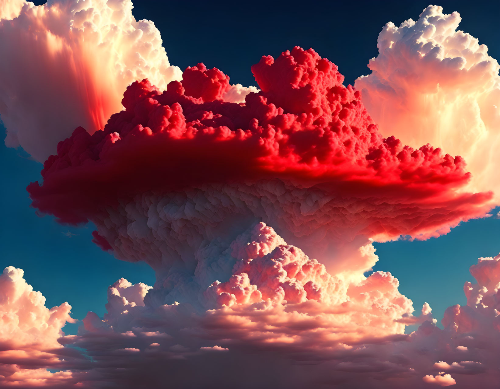 Dramatic red mushroom cloud in deep blue sky