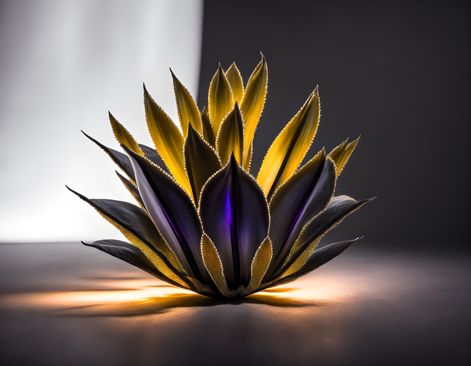 Metallic purple and gold lotus flower sculpture with dramatic backlighting