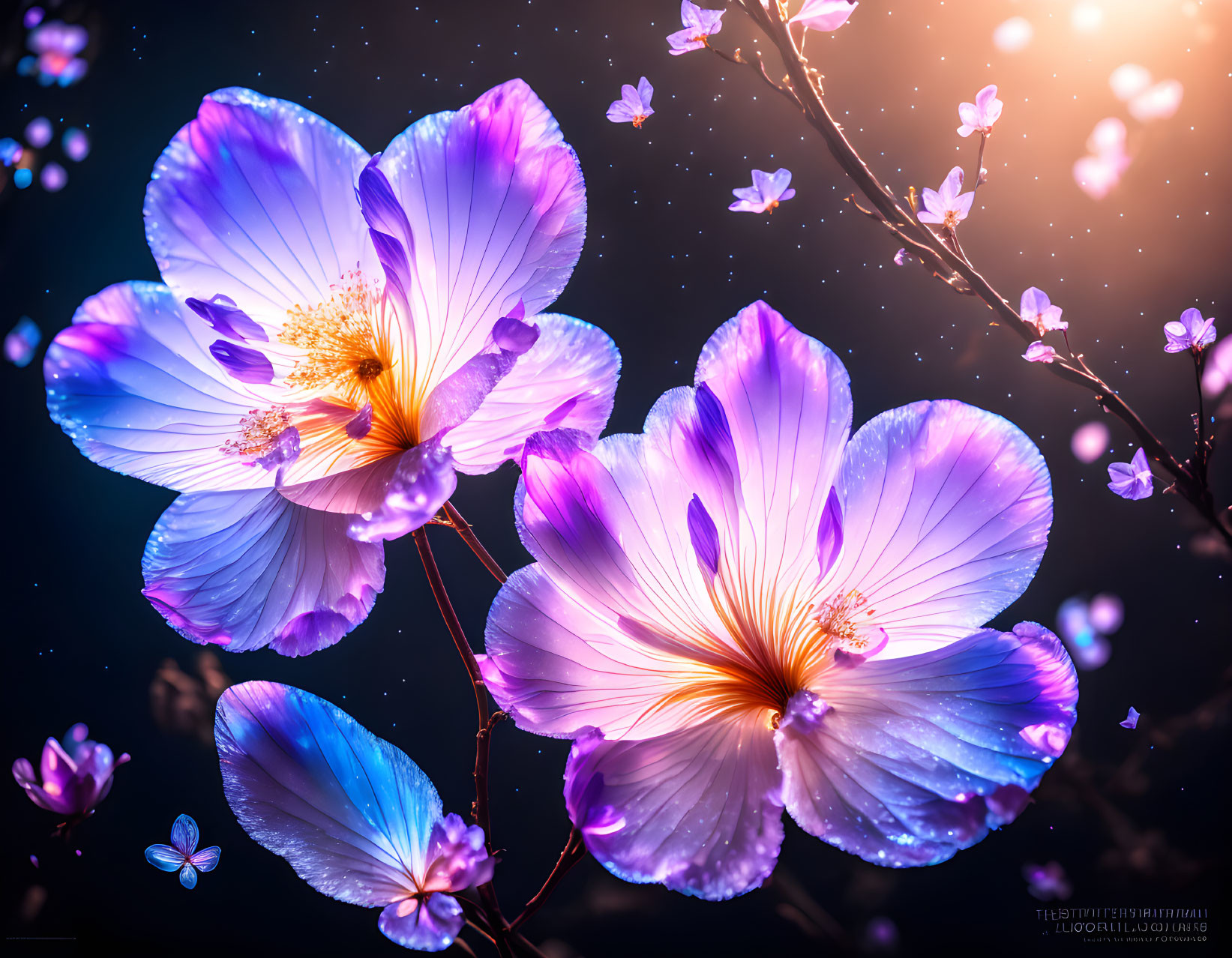 Vibrant purple flowers with glowing center and butterflies on dark, starry background