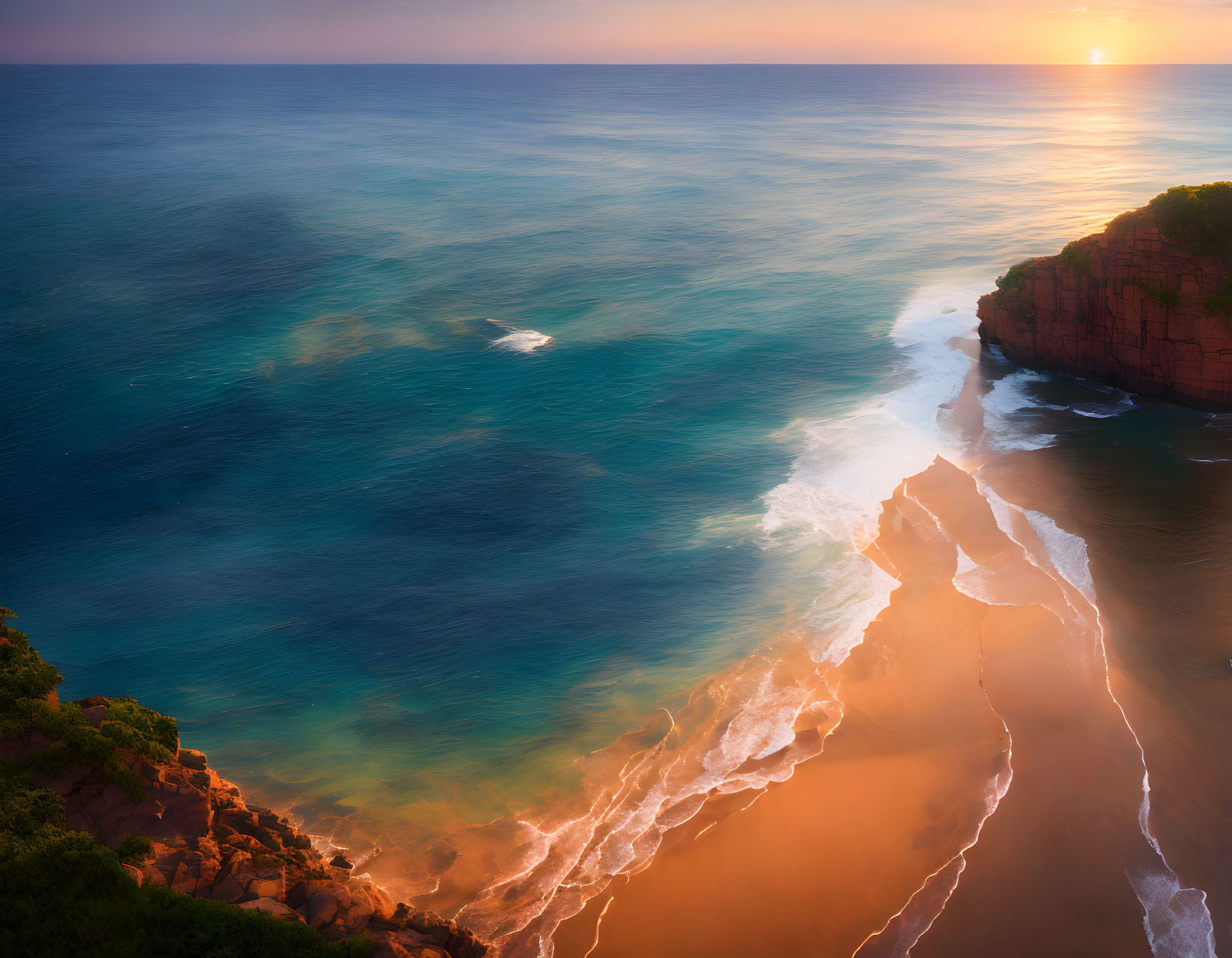 Scenic sunset aerial view of rugged coastline with crashing waves