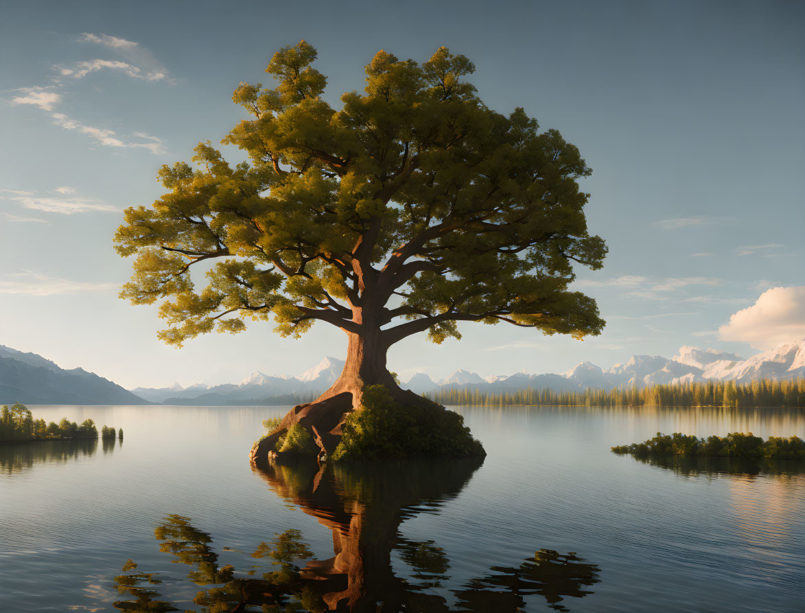 Lush green tree on island reflected in tranquil waters