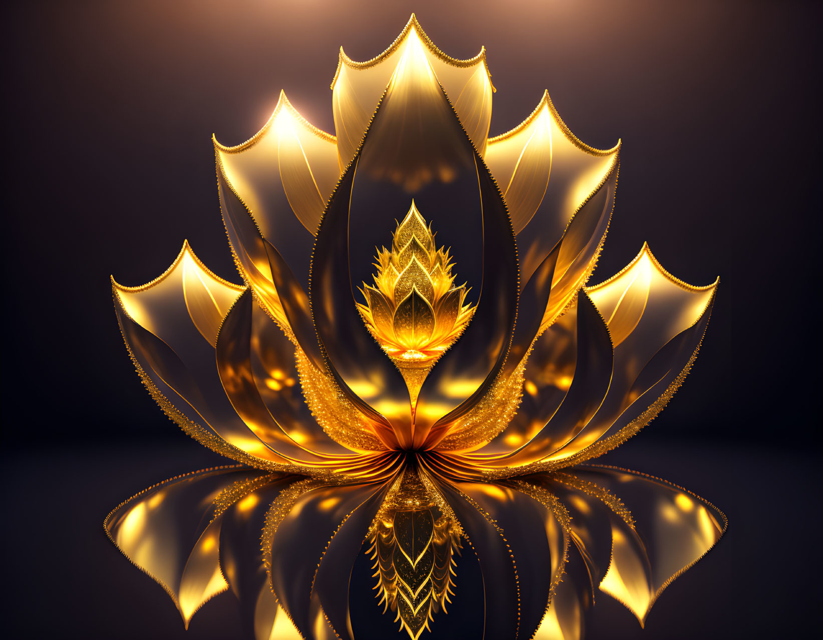 Golden lotus abstract design reflected on shiny surface