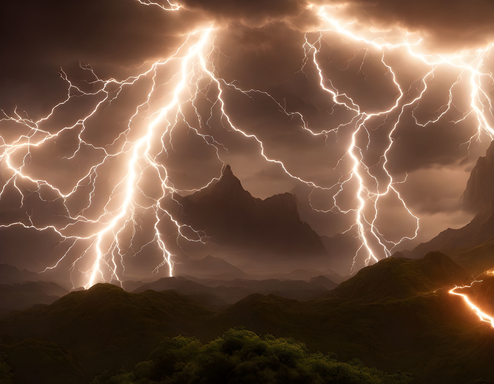 Dramatic lightning strikes over rugged mountains