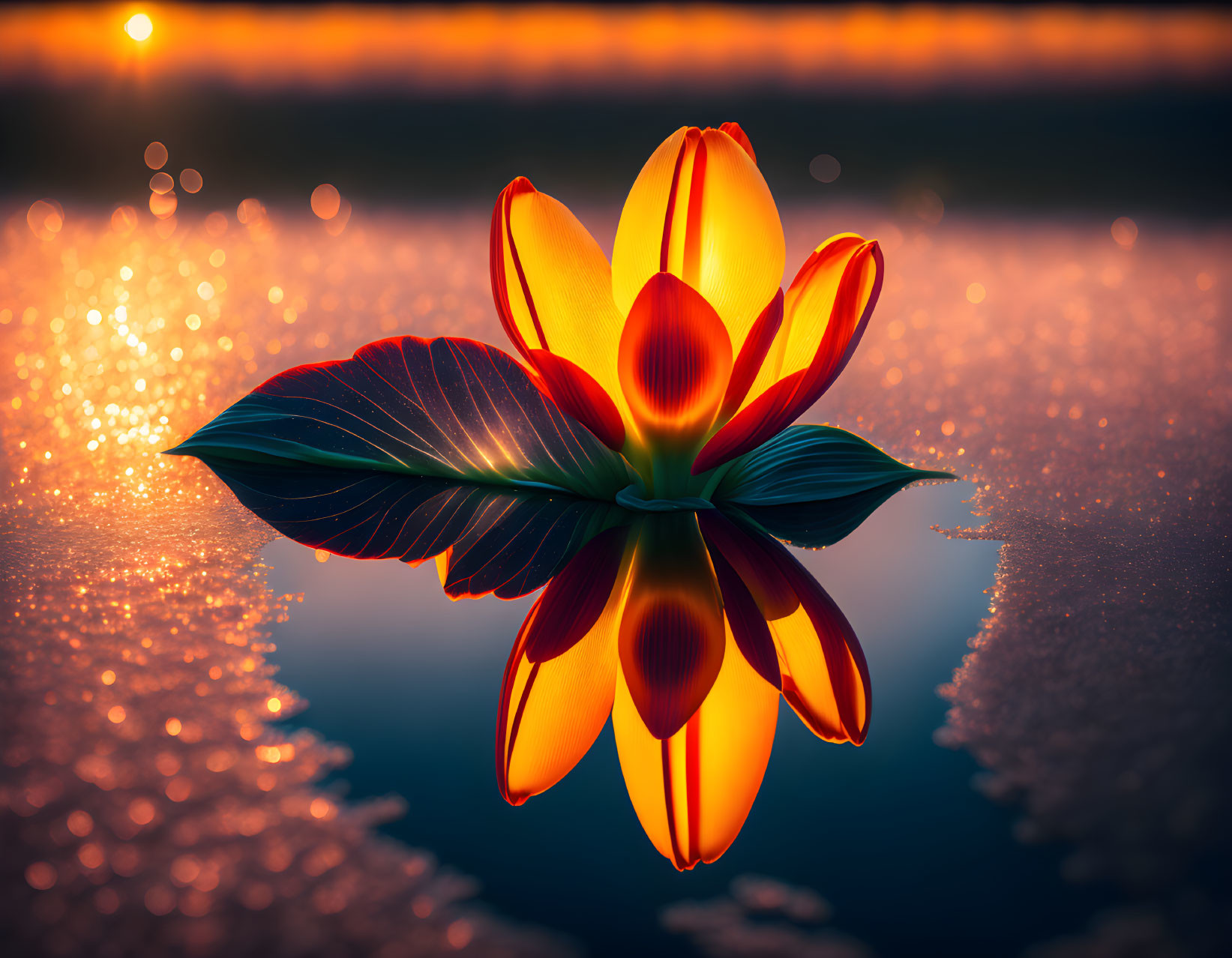 Vibrant orange and yellow flower on tranquil water surface