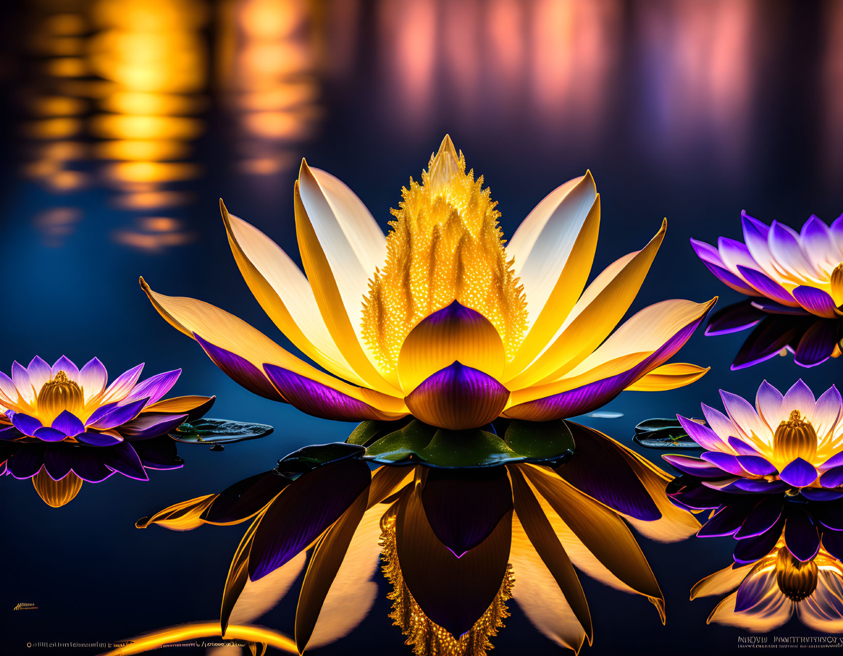 Colorful digital artwork: Central white and gold lotus surrounded by purple flowers on blue water.