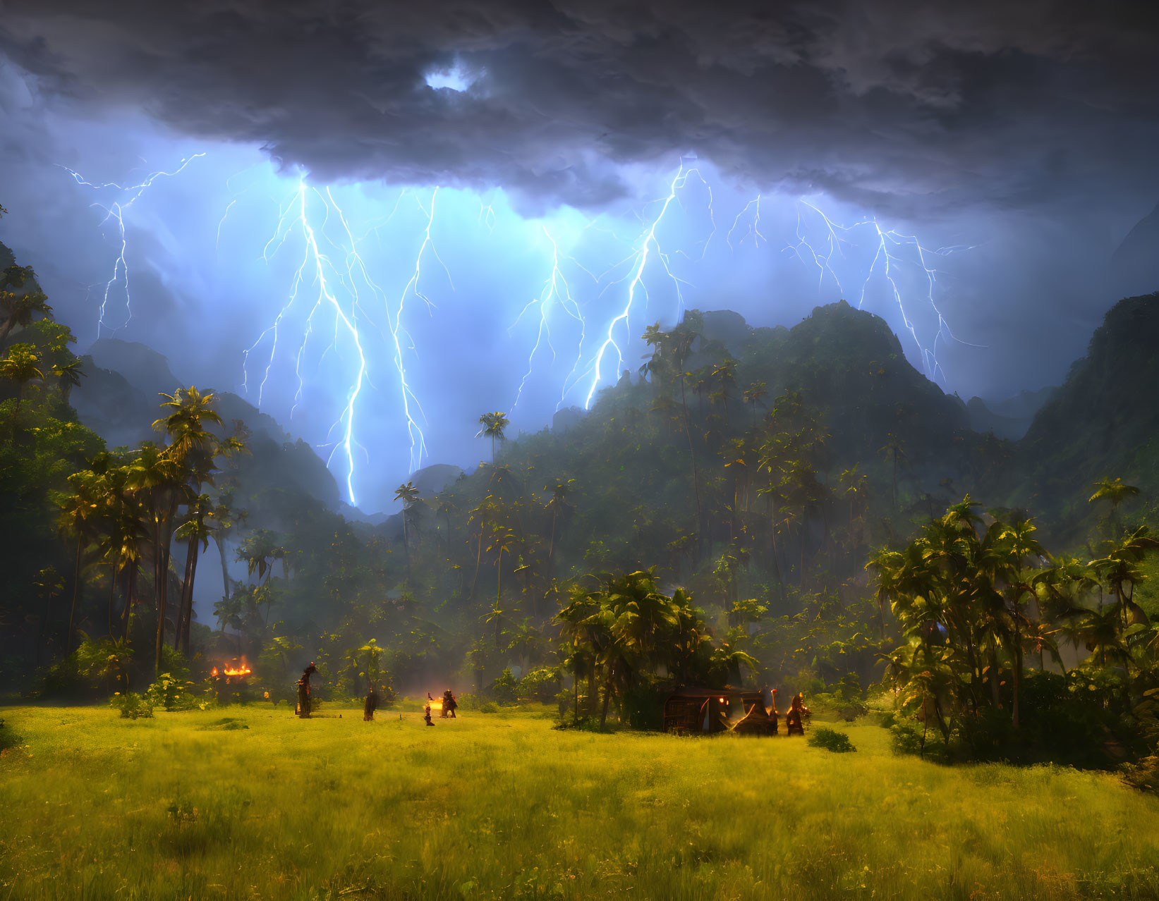 Intense thunderstorm with lightning strikes over tropical jungle settlement