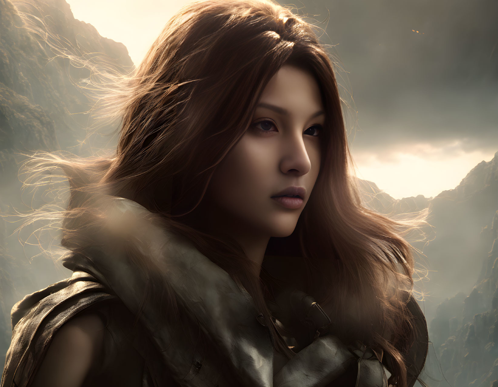 Digital artwork of woman with long brown hair against dramatic sky.