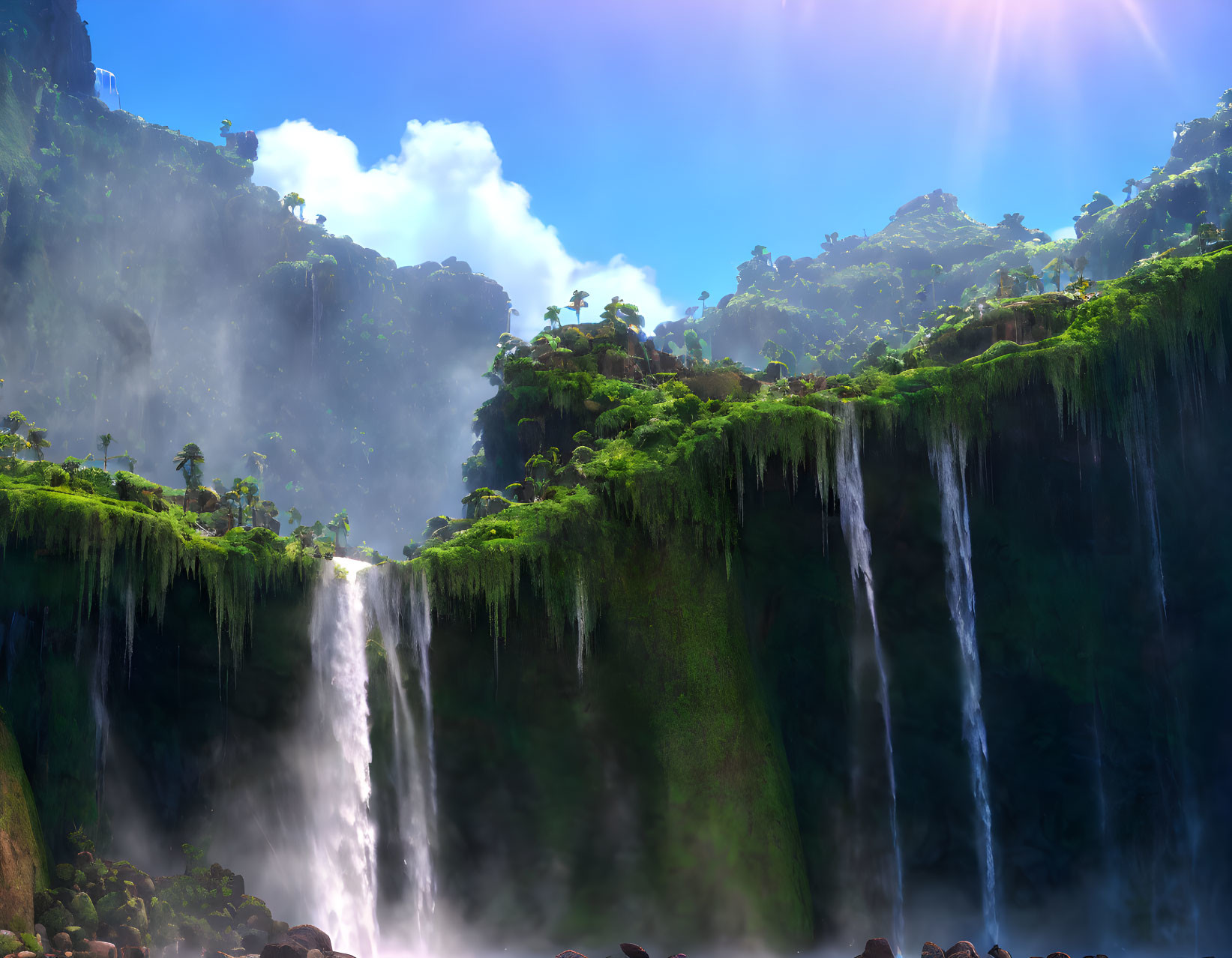 Scenic view of green cliffs, waterfalls, and mist under blue sky