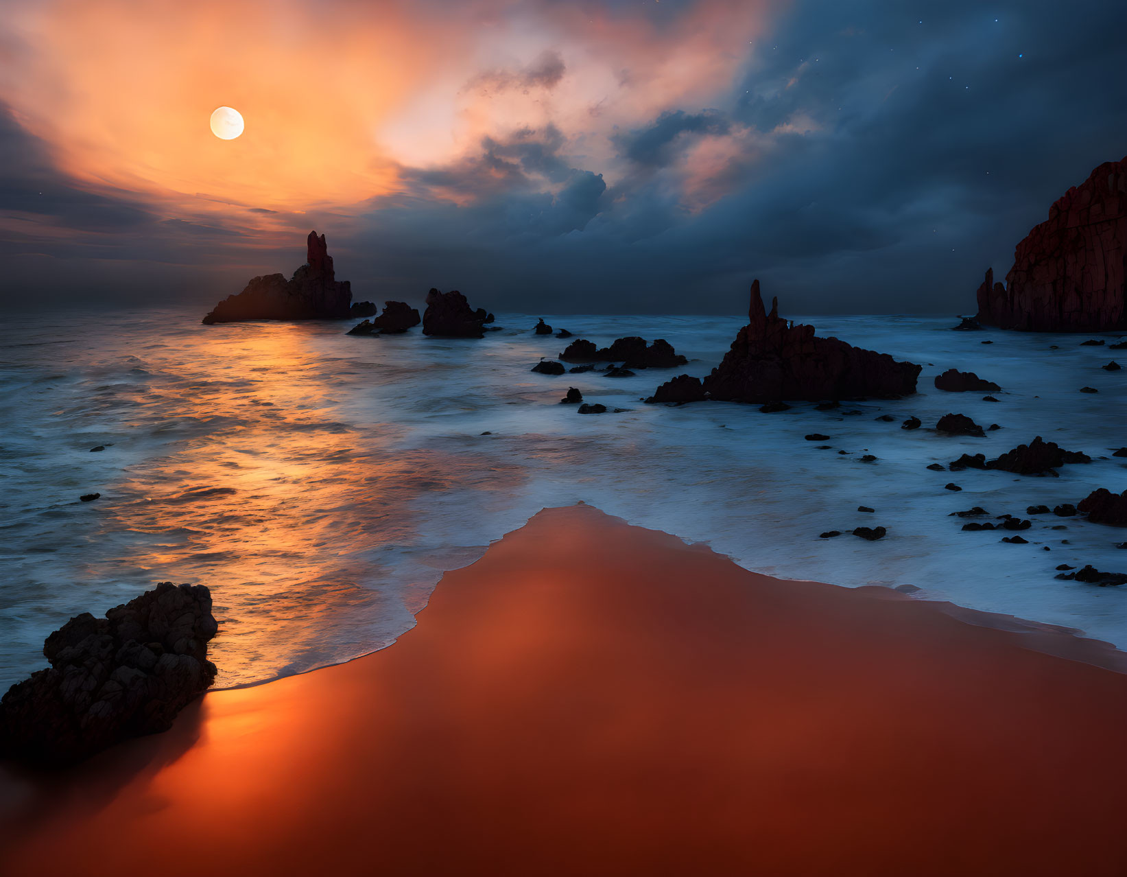 Full Moon Night Seascape with Orange Clouds Reflecting on Calm Sea