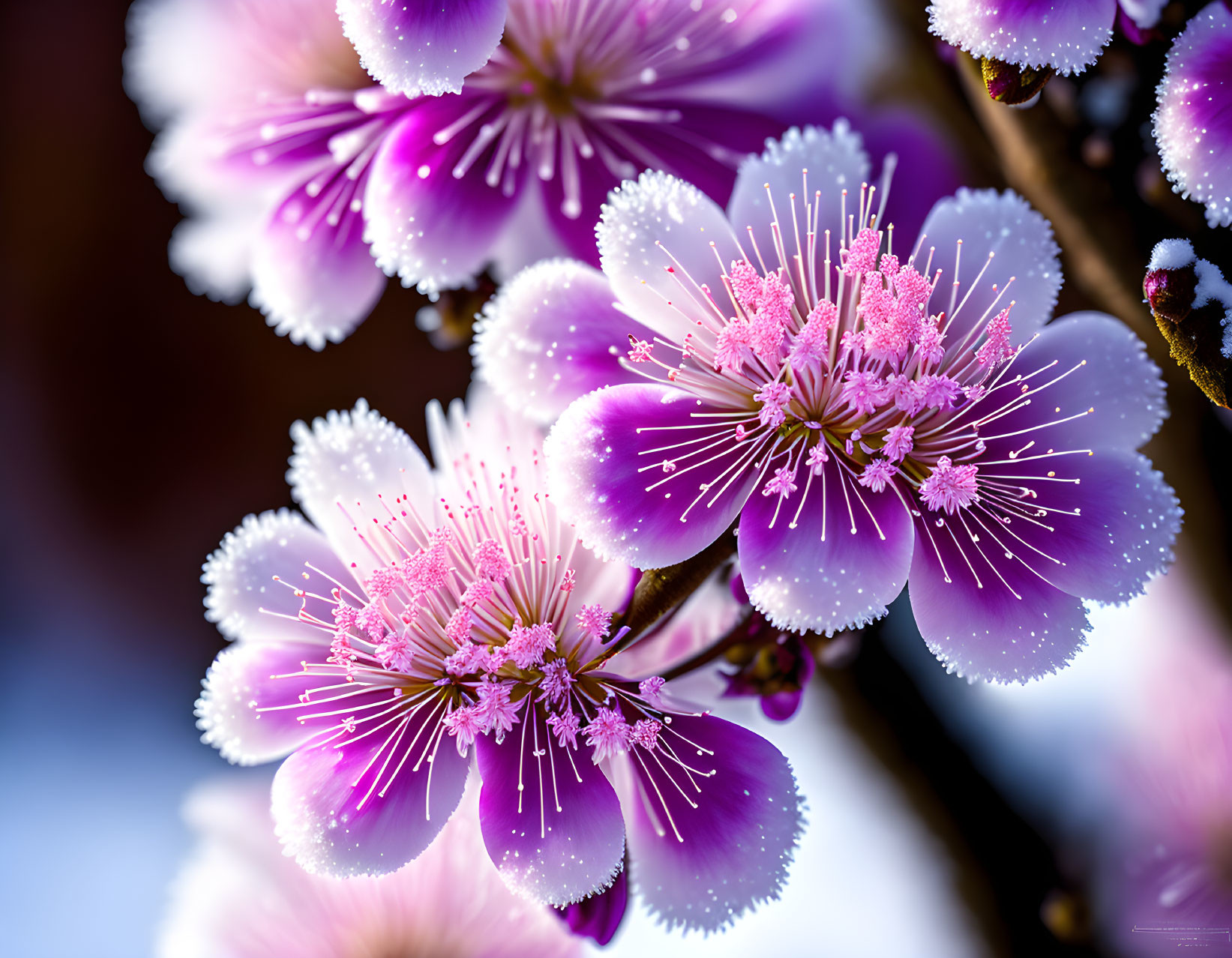 Vibrant purple flowers with white stamens and dew droplets on blurred background