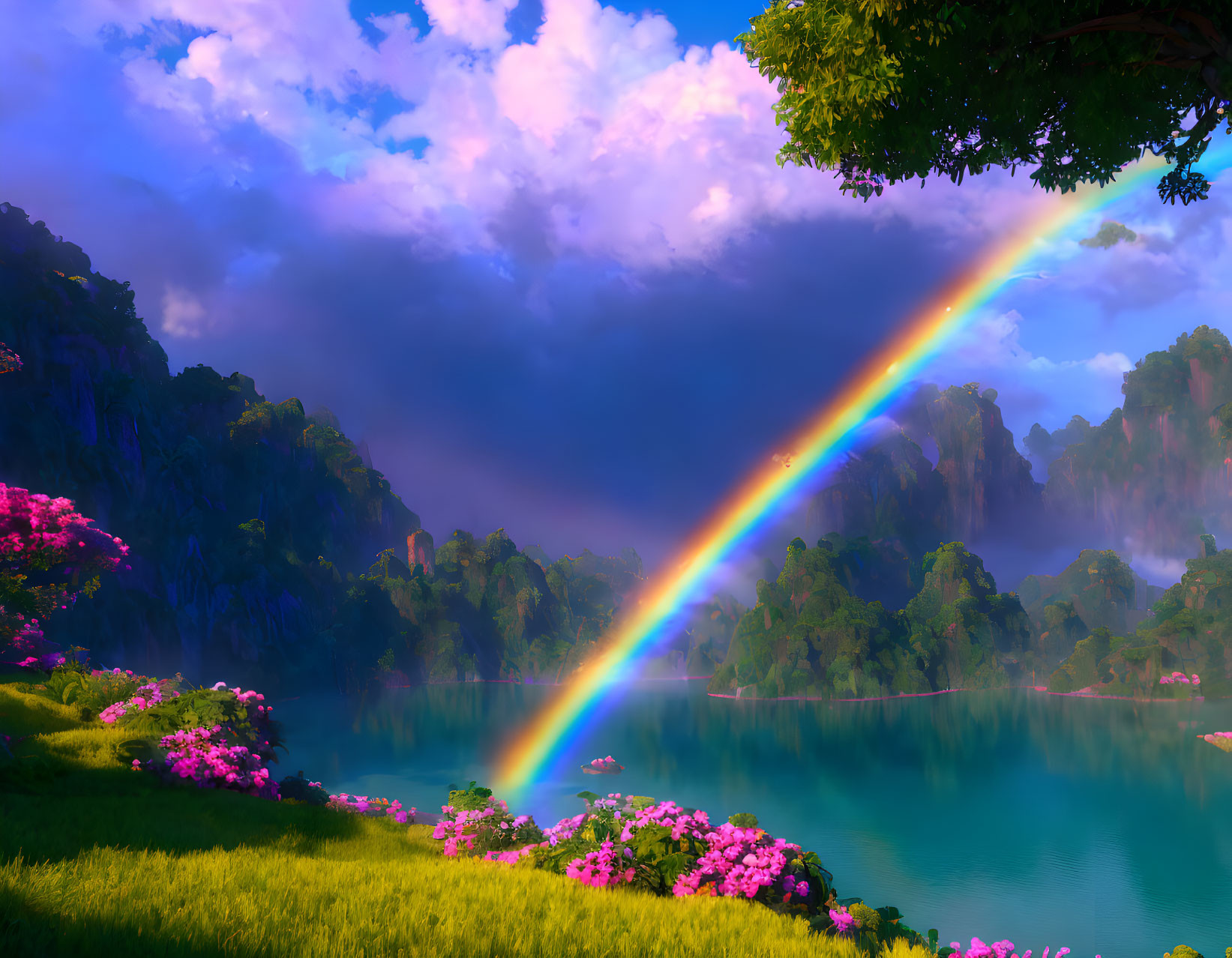 Scenic rainbow over lake with cliffs and pink flowers