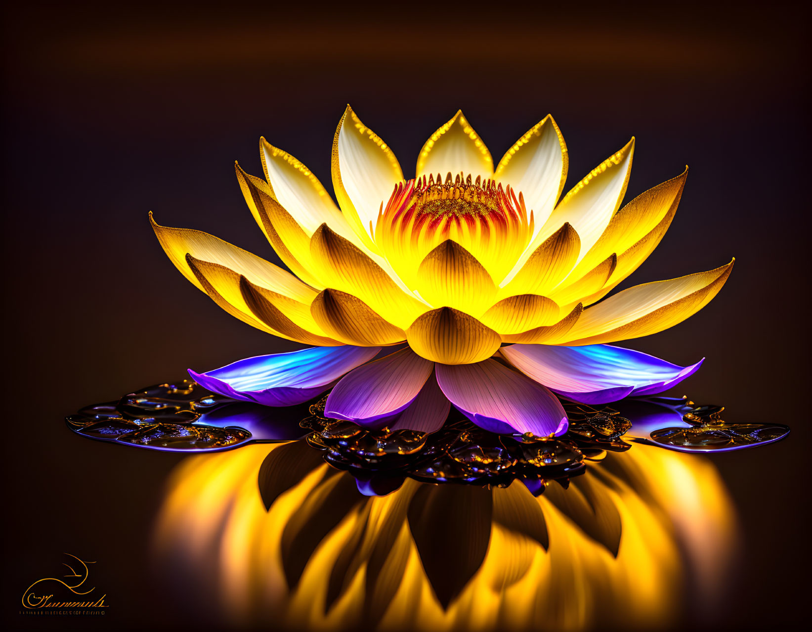 Digitally Enhanced Lotus Flower Glowing on Dark Background