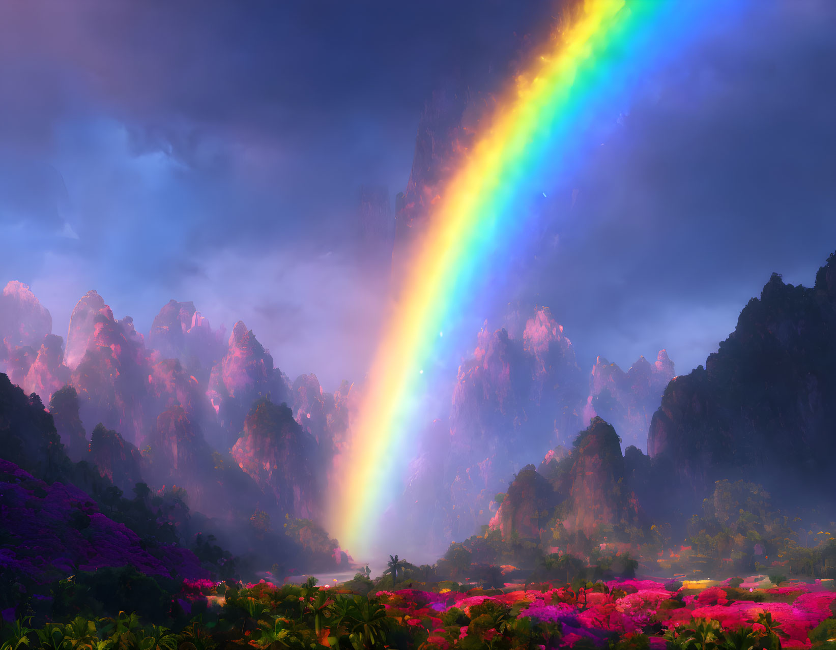 Colorful rainbow over mystical landscape with purple mountains and pink flowers