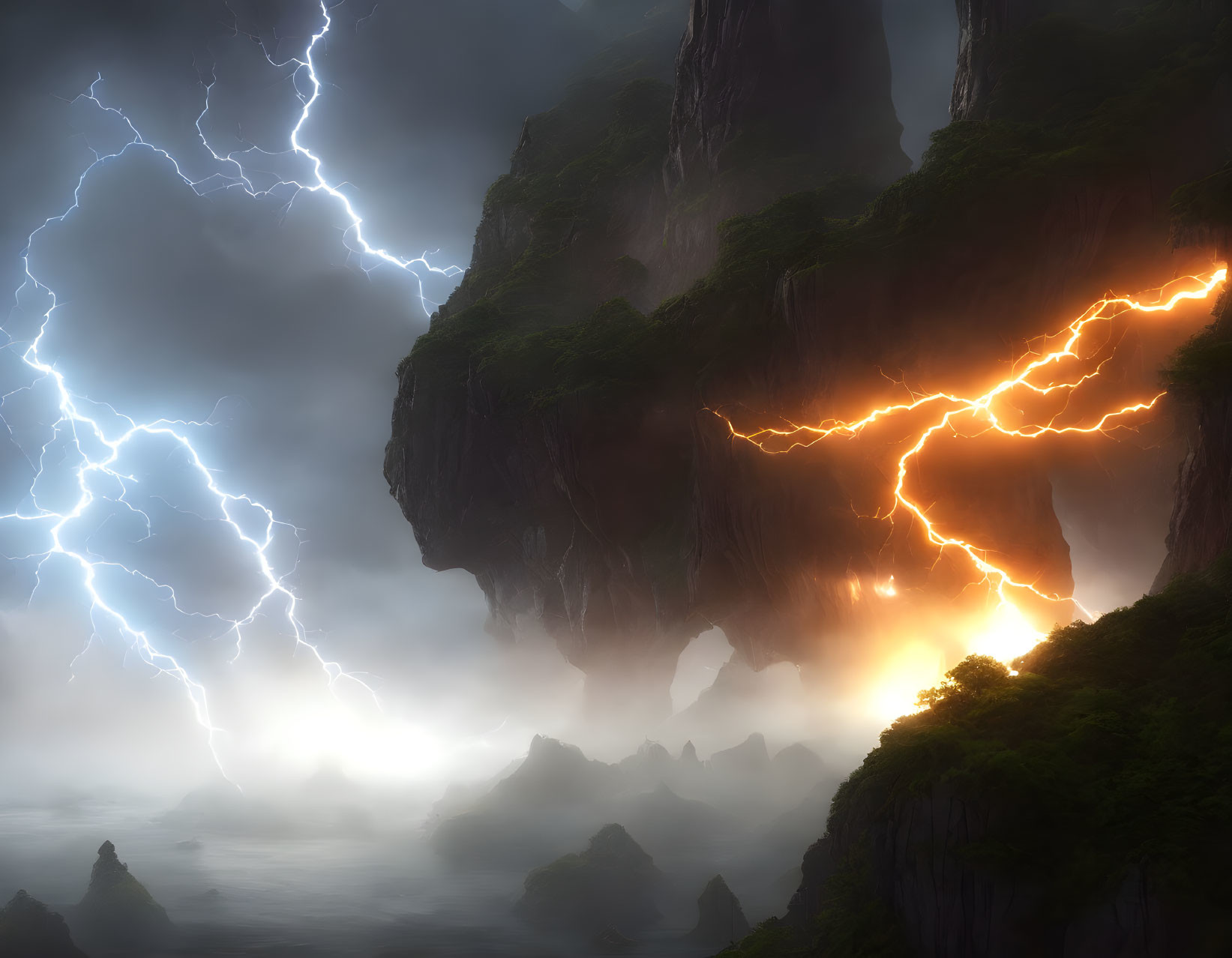 Intense lightning strikes near misty, jagged cliffs in dramatic scene