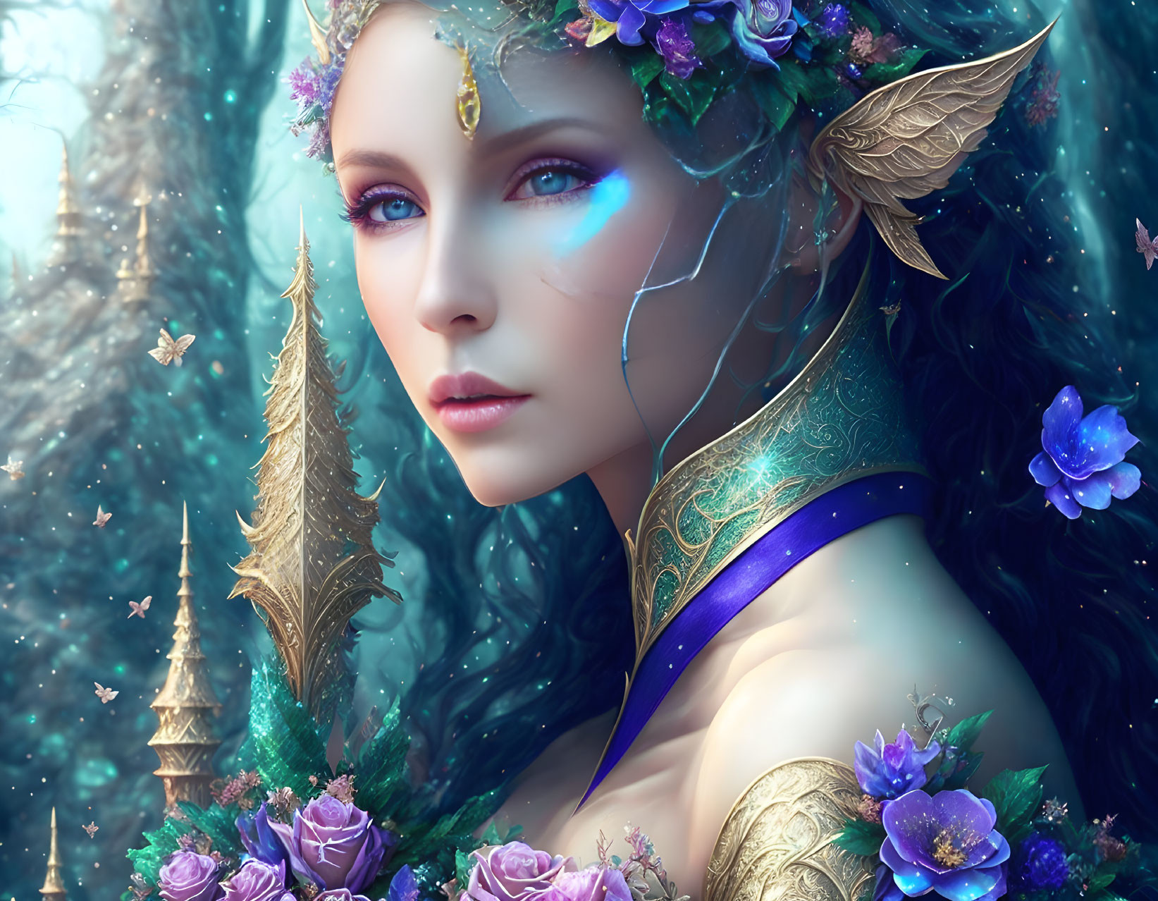 Fantasy elf digital artwork with ornate headpiece and vibrant flowers