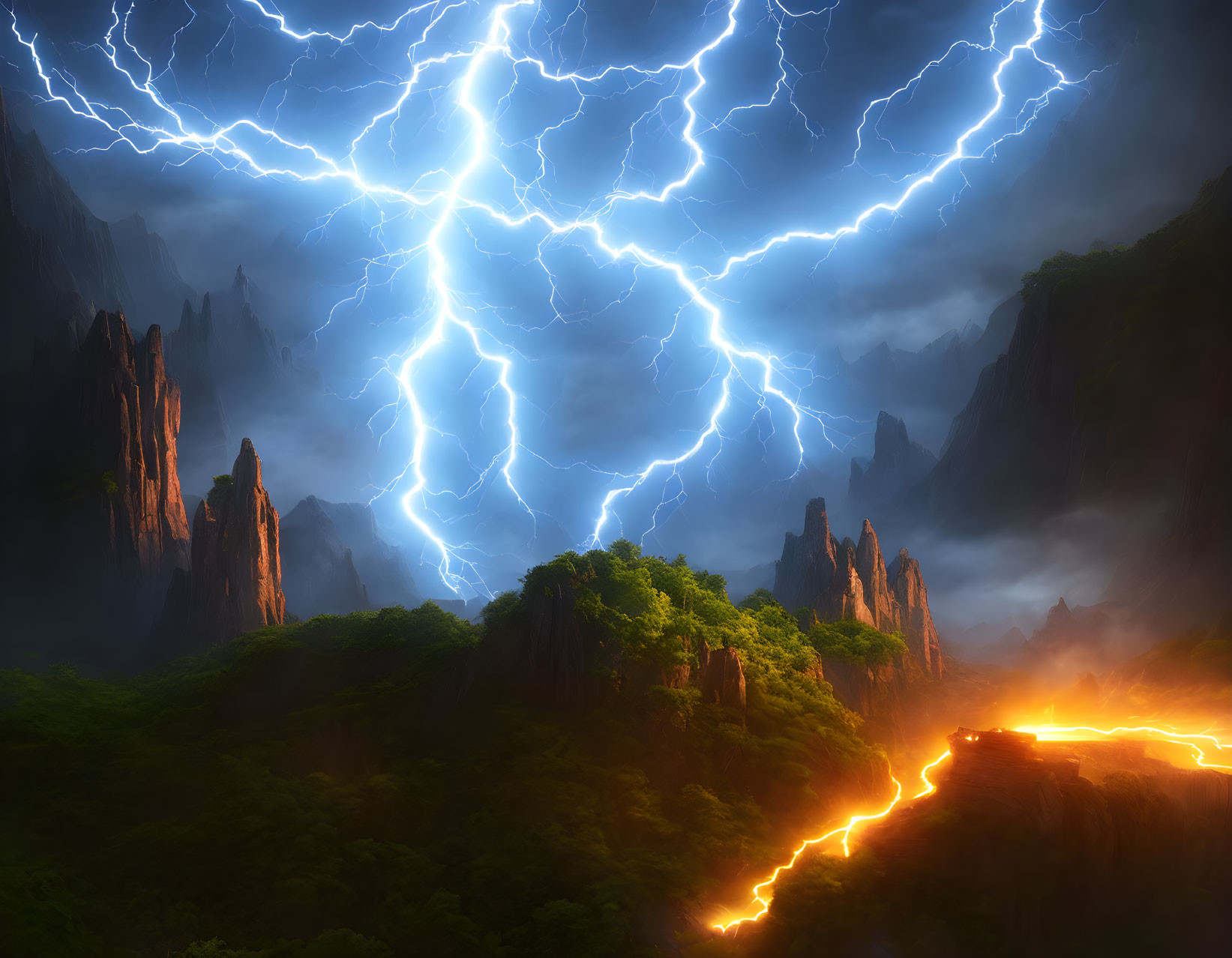 Intense lightning illuminates mountain range and river below