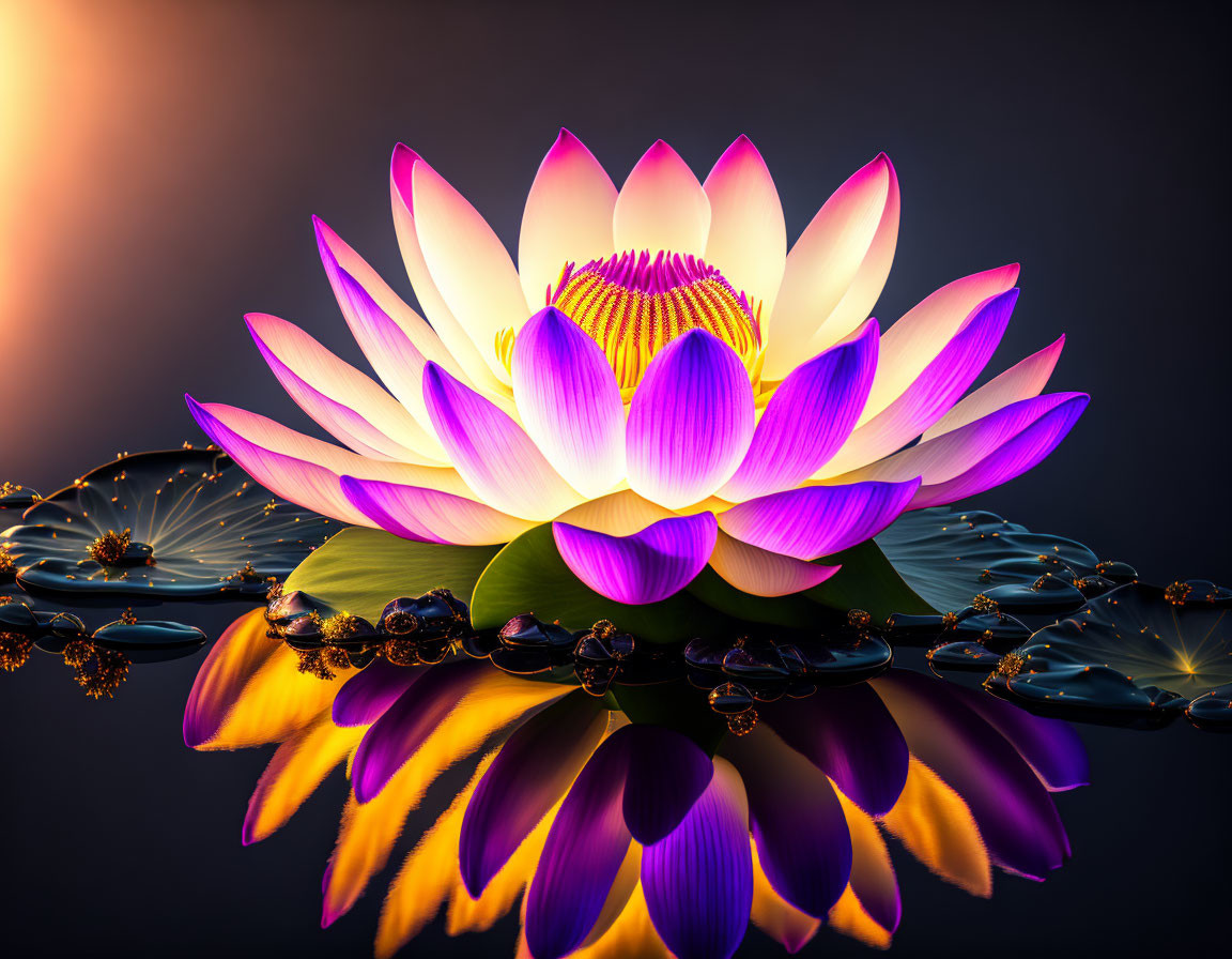 Pink and White Lotus Flower with Yellow Center Reflecting on Calm Water