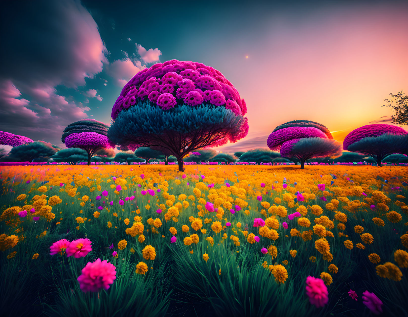 Surreal landscape: oversized pink and purple flowers under sunset sky