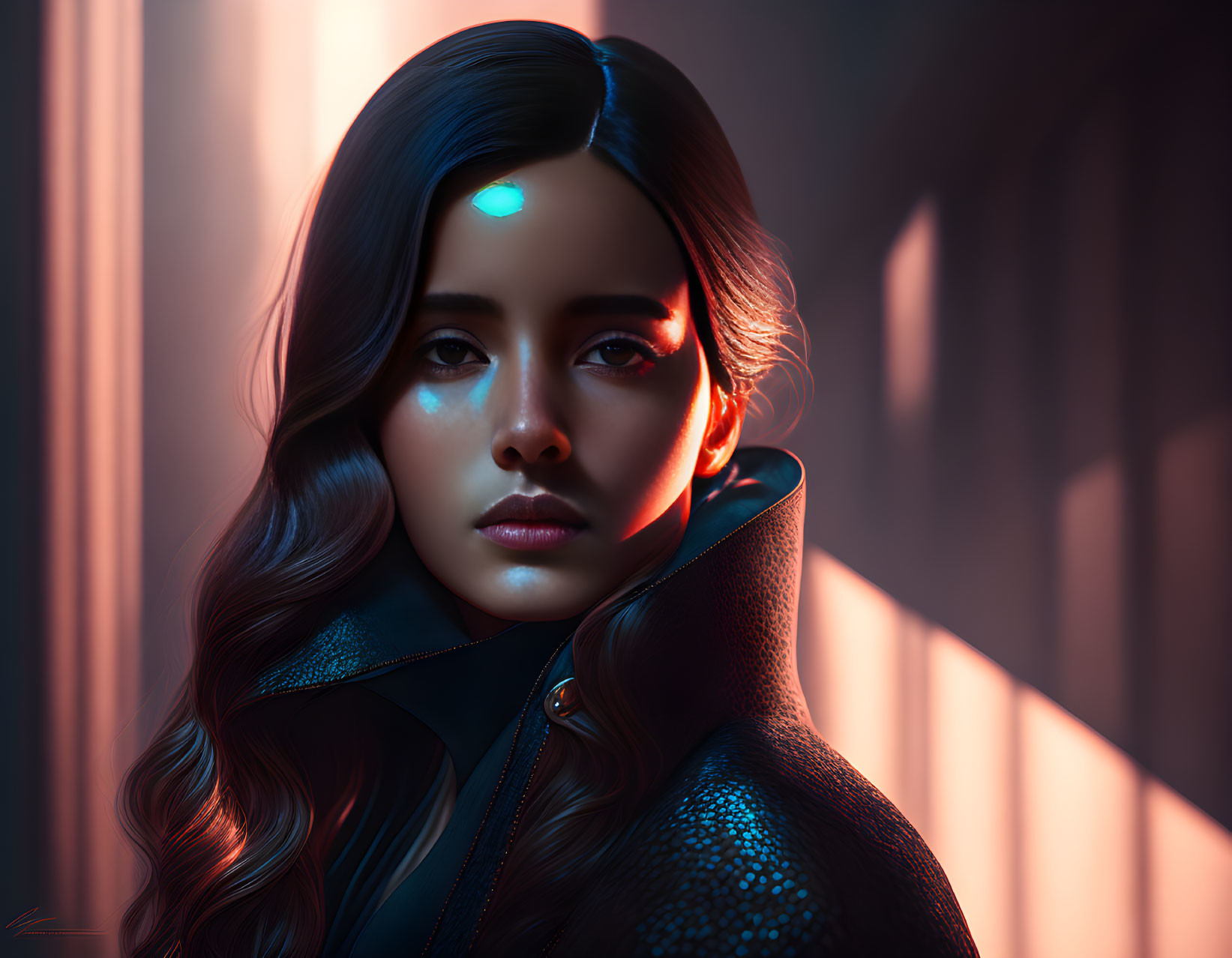 Digital portrait of woman with glowing blue mark, dark hair, futuristic black outfit, contrasting warm and cool