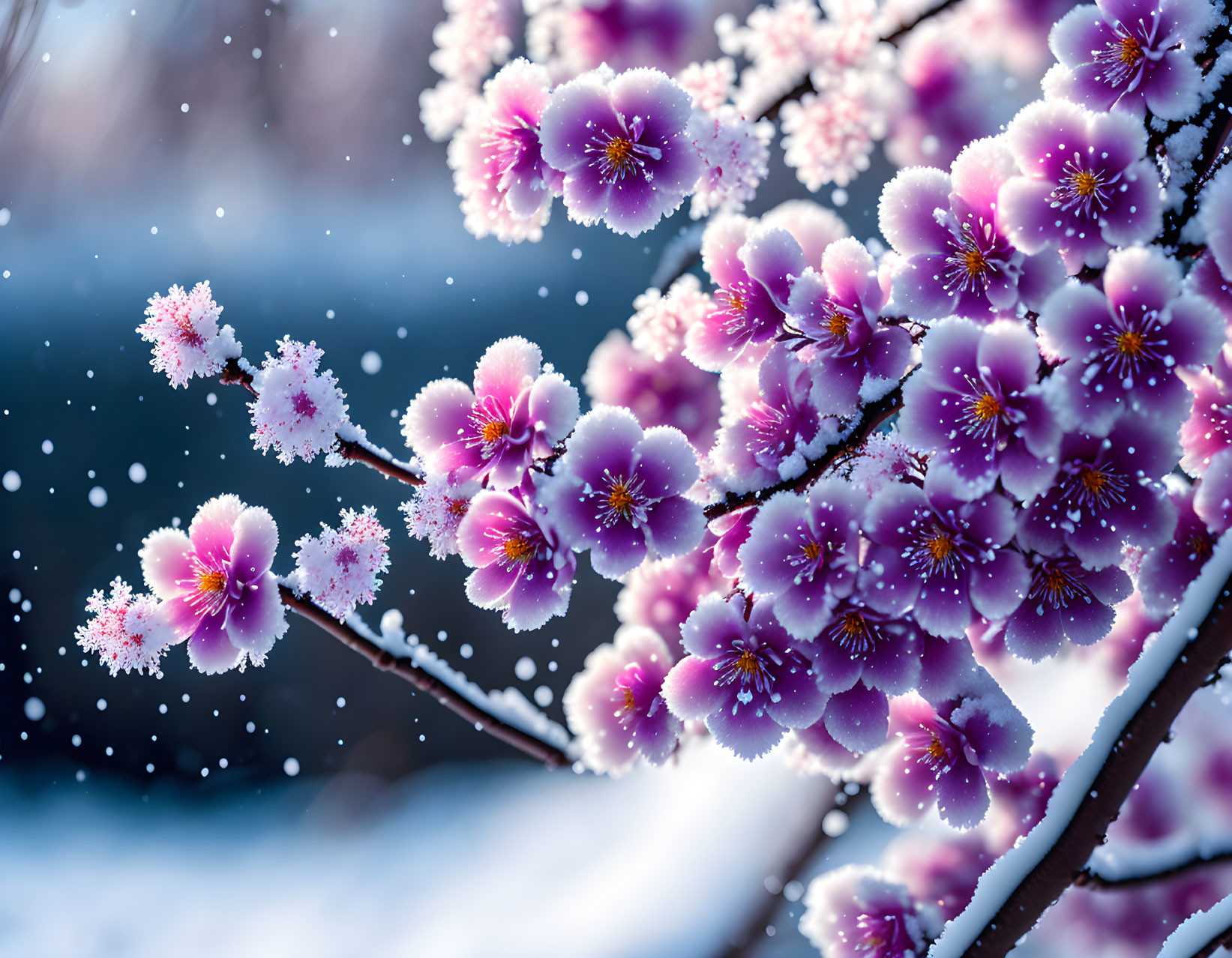 Pink blossoms with snowflakes on wintry background.