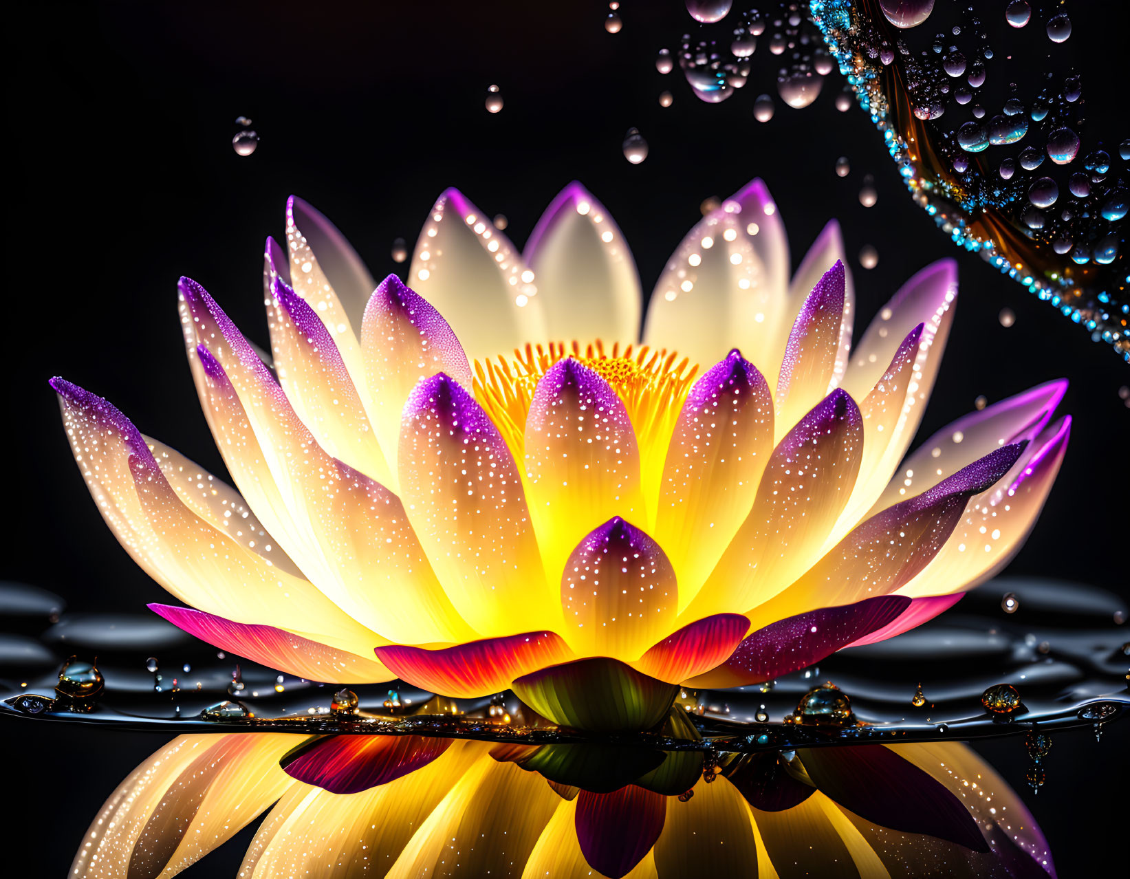 Colorful lotus flower digital art with glowing edges and water droplets on reflective surface.