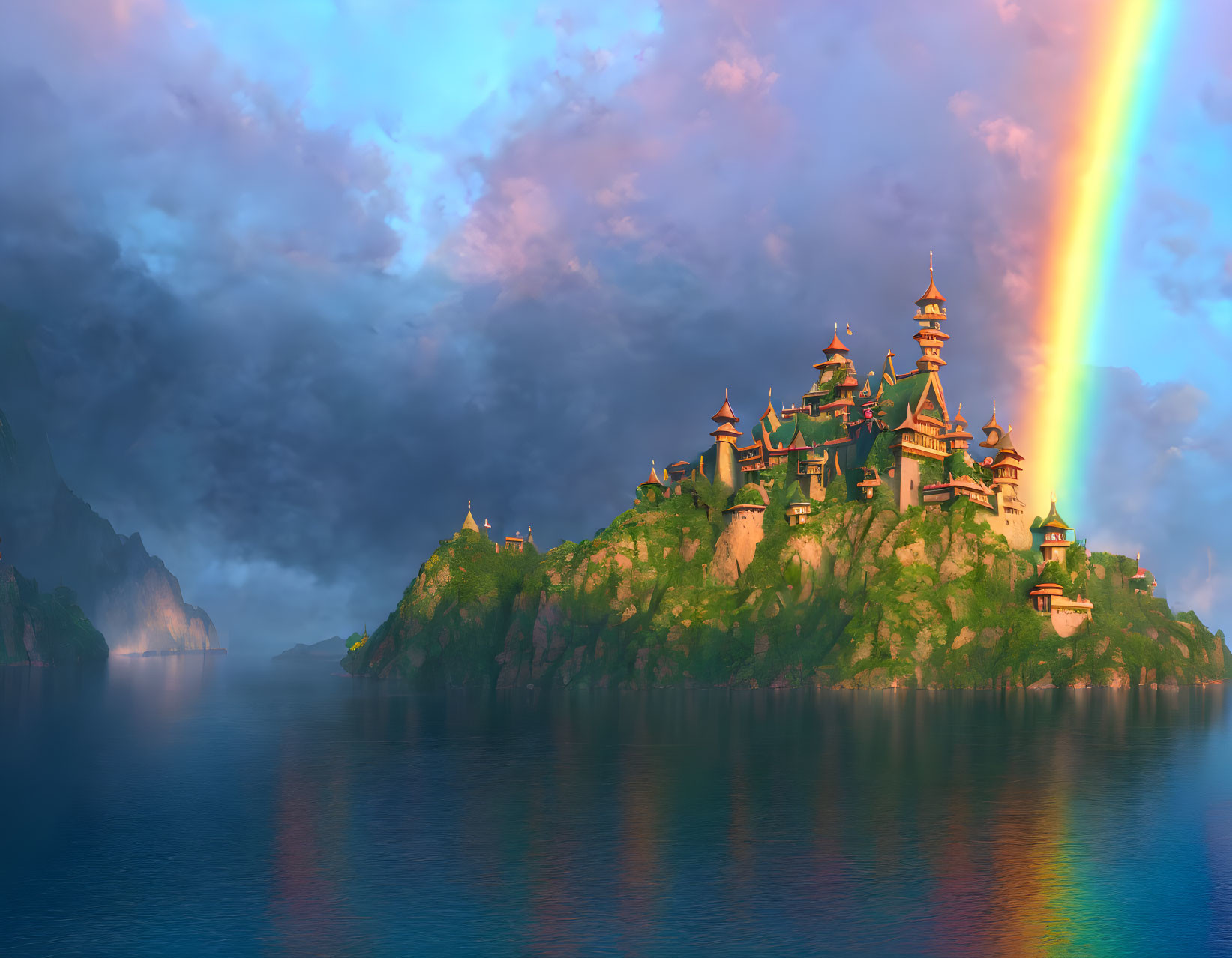 Coastal castle with rainbow reflection in dramatic dusk sky