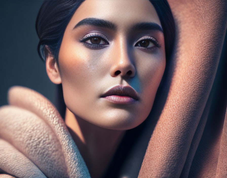 Person with striking makeup in peach textile, serene expression