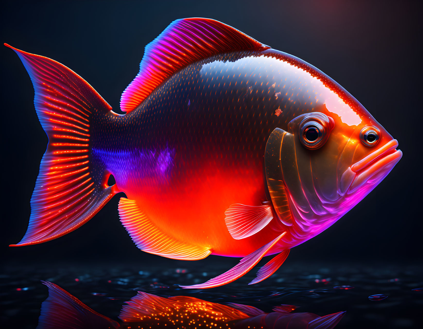 Colorful digital artwork: Fish with red and orange iridescent scales in dark underwater scene