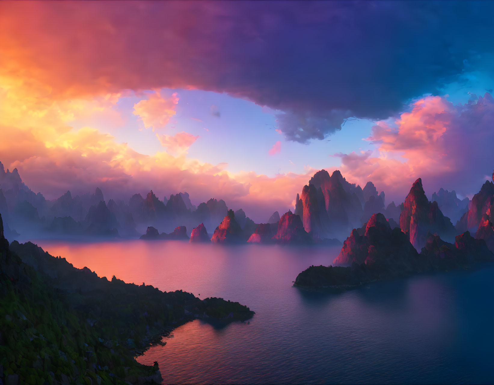 Tranquil lake, jagged mountains, vibrant sunset, dramatic clouds